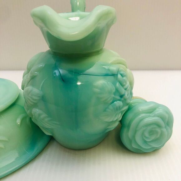 Vintage Avon Victorian Rose Jade Glass Pitcher and Bowl - Picture 9 of 9